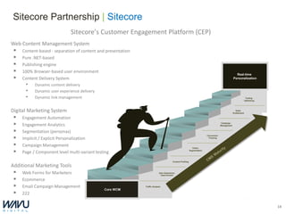 Sitecore Partnership | Sitecore
                              Sitecore’s Customer Engagement Platform (CEP)
Web Content Management System
    Content-based - separation of content and presentation
    Pure .NET-based
    Publishing engine
    100% Browser-based user environment
                                                                                                                                                        Real-time
    Content Delivery System                                                                                                                          Personalization

      •    Dynamic content delivery
      •    Dynamic user experience delivery
      •    Dynamic link management                                                                                                                                  Testing
                                                                                                                                                                   Optimizing




Digital Marketing System                                                                                                                                Sales
                                                                                                                                                      Enablement

    Engagement Automation
    Engagement Analytics                                                                                                                 Campaign
                                                                                                                                         Management


    Segmentation (personas)
 
                                                                                                                            Conversion
     Implicit / Explicit Personalization                                                                                     Tracking



    Campaign Management                                                                                        Visitor

    Page / Component level multi-variant testing                                                            Segmentation




                                                                                         Content Profiling

Additional Marketing Tools
    Web Forms for Marketers                                                User Experience
                                                                             Improvement

    Ecommerce
    Email Campaign Management
                                              Core WCM
                                                              Traffic Analysis


    222

                                                                                                                                                                                14
 