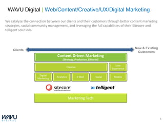 WAVU Digital | Web/Content/Creative/UX/Digital Marketing

We catalyze the connection between our clients and their customers through better content marketing
strategies, social community management, and leveraging the full capabilities of their Sitecore and
telligent solutions.



                                                                                          New & Existing
     Clients
                                                                                           Customers
                                 Content Driven Marketing
                                      (Strategy, Production, Editorial)

                                                                                User
                                         Creative
                                                                             Experience

                      Digital
                                 Analytics          E-Mail          Social    Mobile
                     Marketing




                                             Marketing Tech



                                                                                                           6
 