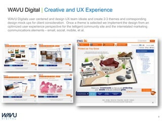 WAVU Digital | Creative and UX Experience
WAVU Digitals user centered and design UX team ideate and create 2-3 themes and corresponding
design mock ups for client consideration. Once a theme is selected we implement the design from an
optimized user experience perspective for the telligent community site and the interrelated marketing
communications elements – email, social, mobile, et al.




                                                                                                        9
 
