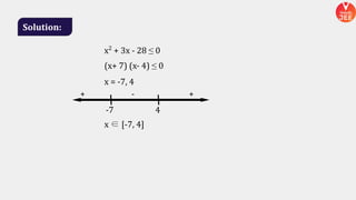 Solution:
+ - +
-7 4
(x+ 7) (x- 4) ≤ 0
x = -7, 4
x ∈ [-7, 4]
x2
+ 3x - 28 ≤ 0
 