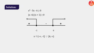 Solution:
x2
- 5x - 6 ≥ 0
(x -6) (x + 1) ≥ 0
+ - +
-1 6
x ∈(-∞, -1] ∪ [6, ∞)
 