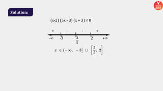 Solution:
+ - - +
-∞ -3 2 +∞
(x-2) (5x - 3) (x + 3) ≤ 0
 