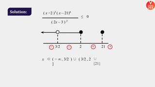 Solution:
3/2 2 +
– 21
( x −2 )3
( x – 21)6
( 2x – 3 ) 2
≤ 0
+
–
x ∈ ( − ∞ , 3/2 ) ∪ ( 3/2 , 2
]
∪
{21}
 