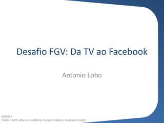 Desafio FGV: Da TV ao Facebook
Antonio Lobo
06/2013
Fontes : SCM, AdServer, AdWords, Google Analytics, Facebook Insights
 