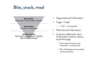 •  Organisation de l’information
•  1 page = 1 sujet
–  1 idée = 1 paragraphe
•  Hiérarchie de l’information
•  Le lecteur adhère plus vite à
l’information située au-dessus
du pli de la page
–  Commencez toujours par
l’essentiel – la conclusion
–  Puis, développez les causalités
et circonstances.
Bite, snack, meal
 