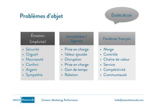 hello@wearethewords.comwearethewords Content. Marketing. Performance.
Émotion
(implicite)
•  Sécurité
•  Orgueil
•  Nouveauté
•  Confort
•  Argent
•  Sympathie
Immobilière /
Agence
•  Prise en charge
•  Valeur ajoutée
•  Disruption
•  Prise en charge
•  Gain de temps
•  Relation
Fenêtrier français
•  Marge
•  Contrôle
•  Chaîne de valeur
•  Service
•  Compétitivité
•  Communtauté
Problèmes d’objet Études de cas
 