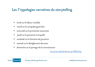 hello@wearethewords.comwearethewords Content. Marketing. Performance.
§  lundi ou le labeur invisible
§  mardi ou la conquête guerrière
§  mercredi ou la proximité rassurante
§  jeudi ou la puissance tranquille
§  vendredi ou la fontaine de jouvence
§  samedi ou le dérèglement des sens
§  dimanche ou le partage de la connaissance
bit.ly/1Lm6hA0 et bit.ly/1PB2nSq
Les 7 typologies narratives du storytelling
 