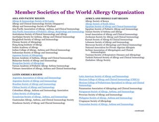 Member Societies of the World Allergy Organization
ASIA AND PACIFIC REGION
Allergy & Immunology Society of Sri Lanka
Allergy and Clinical Immunology Society (Singapore)
Allergy and Immunology Society of Thailand
Asia Pacific Association of Allergy, Asthma, and Clinical Immunology
Asia Pacific Association of Pediatric Allergy, Respirology and Immunology
Australasian Society of Clinical Immunology and Allergy
Azerbaijan Society for Asthma, Allergy and Clinical Immunology
Bangladesh Society of Allergy and Immunology
Chinese Society of Allergology
Hong Kong Institute of Allergy
Indian Academy of Allergy
Indian College of Allergy, Asthma and Clinical Immunology
Indonesian Society of Allergy and Immunology
Japanese Society of Allergology
Korean Academy of Asthma, Allergy and Clinical Immunology
Malaysian Society of Allergy and Immunology
Mongolian Society of Allergology
Taiwan Academy of Pediatric Allergy Asthma Immunology
Vietnam Association of Allergy, Asthma and Clinical Immunology
LATIN AMERICA REGION
Argentine Association of Allergy and Immunology
Argentine Society of Allergy and Immunology
Brazilian Society of Allergy and Immunology
Chilean Society of Allergy and Immunology
Colombian Allergy, Asthma and Immunology Association
Cuban Society of Allergology
Ecuadorian Society of Allergy, Asthma, and Immunology
Guatemalan Allergy, Asthma, and Clinical Immunology Society
Honduran Society of Allergy and Clincial Immunology
Latin American Society of Allergy and Immunology
Mexican College of Allergy and Clinical Immunology (CMICA)
Mexican College of Pediatricians Specialized in Allergy and Clinical
Immunology
Panamanian Association of Allergology and Clinical Immunology
Paraguayan Society of Allergy, Asthma, and Immunology
Peruvian Society of Allergy and Immunology
Philippine Society of Allergy, Asthma and Immunology
Uruguayan Society of Allergology
Venezuelan Society of Allergy, Asthma and Immunology
–continued
AFRICA AND MIDDLE EAST REGION
Allergy Society of Kenya
Allergy Society of South Africa
Egyptian Society of Allergy and Clinical Immunology
Egyptian Society of Pediatric Allergy and Immunology
Iranian Society of Asthma and Allergy
Israel Association of Allergy and Clinical Immunology
Jordanian Society for Allergy and Clinical Immunology
Kuwait Society of Allergy & Clinical Immunology
Lebanese Society of Allergy and Immunology
Moroccan Society of Allergology and Clinical Immunology
National Association for Private Algerian Allergists
Serbian Association of Allergologists and Clinical
Immunologists
Tunisian Society of Respiratory Diseases and Allergology
Turkish National Society of Allergy and Clinical Immunology
Zimbabwe Allergy Society
 