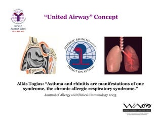 Alkis Togias: “Asthma and rhinitis are manifestations of one
syndrome, the chronic allergic respiratory syndrome.”
Journal of Allergy and Clinical Immunology 2003
“United Airway” Concept
 