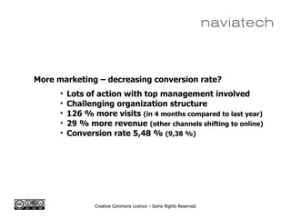 Creative Commons Licence – Some Rights Reserved
More marketing – decreasing conversion rate?
• Lots of action with top management involved
• Challenging organization structure
• 126 % more visits (in 4 months compared to last year)
• 29 % more revenue (other channels shifting to online)
• Conversion rate 5,48 % (9,38 %)
 