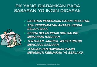 PK YANG DIARAHKAN PADA SASARAN YG INGIN DICAPAI:   SASARAN PEKERJAAN HARUS REALISTIS. ADA KESEPAKATAN ANTARA KEDUA BELAH PIHAK. KEDUA BELAH PIHAK SDH SALING MEMAHAMI HARAPAN. TENTUKAN  JANGKA  WAKTU UNTUK MENCAPAI SASARAN. ATASAN DAN BAWAHAN WAJIB MENGIKUTI KEBIJAKAN YG BERLAKU . Wawancara dan Umpan balik PK/tatik  