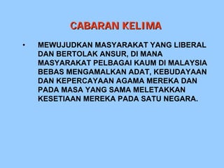 CABARAN KELIMA
•   MEWUJUDKAN MASYARAKAT YANG LIBERAL
    DAN BERTOLAK ANSUR, DI MANA
    MASYARAKAT PELBAGAI KAUM DI MALAYSIA
    BEBAS MENGAMALKAN ADAT, KEBUDAYAAN
    DAN KEPERCAYAAN AGAMA MEREKA DAN
    PADA MASA YANG SAMA MELETAKKAN
    KESETIAAN MEREKA PADA SATU NEGARA.
 