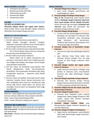 DEKRIT PRESIDEN 5 JULI 1959 :
1. Pembubaran Konstituante
2. Berlakunya kembali UUD 1945
3. Tidak berlakunya UUDS
4. Pembentukan MPRS
5. Pembentukan DPAS
TAP MPR
TAP MPR. No XX/MPRS 1966 :
(Pancasila sebagai submer dari segala suber hukum).
Setiap produk hukum yang dihasilkan Negara Indonesia
tidak boleh bertentangan dengan pancasila.
MAKNA SILA DALAM PANCASILA
Makna sila – sila pancasila
1. Arti dan makna sila ketuhanan yang maha Esa
Dalam konteks bernegara pancasila mengatur
kebebasan masyarakat Indonesia untuk memluk agama
sesuai dengan keyakinannya masing-masing.
2. Arti dan makna sila kemanusiaan yang adil dan beradab
Hal ini berarti bahwa setiap mannusia mempunyai
derajat yang sama dihadapan hukum.
3. Arti dan makna sila persatuan indonesia
Makna dalam sila ini adalah nasionalisme dan
persatuan, nasionalisme dalam hal ini adalah perasaan
satu sebagai suatu bangsa, satu dengan seluruh bangsa
yang ada dalam masyarakat.
4. Arti dan makna sila kerakyatan yang dipimpin oleh
hikmat kebijaksanaan dalam permusyawaratan
perwaakilan. Permusyawaratan diusahakan agar dapat
menghasilkan keputusan – keputusan yang diambil
secara bulat.
5. Arti dan makna sila keadilan sosial bagi seluruh rakyat
Indonesia. Keadilan berarti adanya persamaaan dan
salin menghargai karya orang lain. Kemakmuran yang
merata bagi seluruh rakyat dalam arti dinamis dan
meningkat. Dinamis dalam arti diupayakan lebih tinggi
dan lebih baik.
CLAUSA PANCASILA
Materialis : Bahan (digali dari nilai masyarakat sehari2)
Formalis : Bentuk ( Dibentuk / DImuat dalam UUD 1945 )
Efisen : Karya ( Hasil yang ditetapkan PPKI)
Finalis : Tujuan ( Bertujuan sebagai dasar negara )
PANCASILA SBG SUMBER NILAI
Nilai dasar : Nilai dari 5 sila berisi tujuan dan cita2 yg benar
Nilai Instrumental : Penjabaran lebih lanjut dari nilai dasar
bisa berkembang
Nilai Praktis : Realisasi nilai instrumental dalam kejidupan
sehari-hari
FUNGSI PANCASILA
1. Pancasila Sebagai Dasar Negara bangsa Indonesia
 dasar untuk mengatur pemerintahan dan
penyelenggaraan negara.
2. Pancasla Sebagai Pandangan Hidup Bangsa
Way of Life mengandung makna bahwa semua
aktifitas kehidupan bangsa Indonesia sehari-hari
harus sesuai dengan sila-sila daipada Pancasila,
karena Pancasila juga merupakan kristalisasi dari
nilai-nilai yang dimiliki dan bersumber dari
kehidupan bangsa Indonesia sendiri
3. Pancasila Sebagai Idiologi Bangsa
 visi atau arah dari penyelenggaraan kehidupan
berbangsa dan bernegara di Indonesia ialah
terwujudnya kehidupan yang menjunjung
tinggi ketuhanan, nilai kemanusiaan,
kesadaran akan kesatuan, berkerakyatan serta
menjunjung tinggi nilai keadilan
4. Pancasila Sebagai Jiwa & Kepribadian Bangsa
Indonesia
 Pancasila itu sudah ada sejak Bangsa Indonesia
lahir.
 agar Indonesia tetap hidup dalam jiwa
Pancasila dimana terdapat lima sila yang
menjadi ciri khas bangsa Indonesia. (teori
Volkgeish
5. Pancasila Sebagai Sumber dari segala sumber
hokum di Indonesia
 segala peraturan perundang- undangan yang
berlaku di Indonesia harus bersumberkan
Pancasila atau tidak bertentangan dengan
Pancasil
6. Pancasila Sebagai kepribadian bangsa Indonesia
 Pancasila lahir bersama dengan lahirnya
Bangsa Indonesia dimana Pancasila ini memiliki
ciri khas yang hanya dimiliki oleh Indonesia.
7. Pancasila sebagai Cita-cita dan tujuan yang akan
dicapai bangsa Indonesia.
8. Pancasila sebagai Perjanjian Luhur
 Pancasila telah disepakati secara nasional
sebagai dasar negara tanggal 18 Agustus 1945
melalui sidang PPKI (Panitia Persiapan
kemerdekaan Indonesia)
9. Pancasila sebagai Falsafah Hidup yang
Mempersatukan Bangsa Indonesia (keyakinan yg
memiliki kebenaran)
10. Pancasila sebagai Paradigma Pembangunan
 Segala bentuk pembangunan yang dilakukan
tidak boleh bertentangan dengan pancasila /
harus sejalan.
 