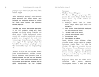 24 Wawasan Kebangsaan Dalam Kerangka NKRI Modul Diklat Prajabatan Golongan III 25
perjuangan bangsa Indonesia yang tidak pernah padam
mengusir penjajah.
Dalam perkembangan berikutnya, muncul kesadaran
bahwa perjuangan yang bersifat nasional yakni
perjuangan yang berlandaskan persatuan dan kesatuan
dari seluruh bangsa Indonesia akan mempunyai
kekuatan yang nyata.
Pergerakan Budi Oetomo, yang didirikan pada tanggal
20 Mei 1908, merupakan tonggak awal sejarah
perjuangan yang bersifat nasional. Pergerakan yang
dijiwai cita-cita Wahidin Soedirohoesodo tersebut
menandai pula kebangkitan nasional untuk menentang
penjajahan secara terorganisasi dan terbuka untuk
semua golongan bangsa Indonesia. Itulah sebabnya,
setiap tanggal 20 Mei diperingati sebagai hari
Kebangkitan Nasional. Bangsa yang bangkit karena
tekad untuk merdeka, bangsa yang mempunyai harga
diri.
Disamping itu bangkit pula gerakan-gerakan dibidang
politik, ekonomi/perdagangan, pendidikan, kesenian,
pers dan kewanitaan. Dalam perjalanan sejarah itu
timbul pula gagasan sikap, dan tekad yang bersumber
dari nilai-nilai budaya bangsa serta disemangati oleh
cita-cita moral rakyat yang luhur. Sikap dan tekad itu
adalah pengejawantahan dari satu Wawasan
Kebangsaan.
b. Nilai Dasar Wawasan Kebangsaan
Nilai Wawasan Kebangsaan yang terwujud dalam
persatuan dan kesatuan bangsa memiliki 6 (enam)
dimensi manusia yang bersifat mendasar dan
fundamental, yaitu:
1) Penghargaan terhadap harkat dan martabat
manusia sebagai mahluk ciptaan Tuhan Yang
Maha Kuasa;
2) Tekad bersama untuk berkehidupan kebangsaan
yang bebas, merdeka, dan bersatu;
3) Cinta akan Tanah Air dan Bangsa;
4) Demokrasi atau Kedaulatan Rakyat;
5) Kesetiakawanan Sosial;
6) Masyarakat adil dan makmur.
Dengan demikian wahana kehidupan religius
diwujudkan dengan memeluk agama dan menganut
Kepercayaan terhadap Tuhan Yang Maha Esa,
dilindungi oleh negara, dan sewajarnya mewarnai
hidup kebangsaan. Wawasan Kebangsaan membentuk
manusia Indonesia seutuhnya dan masyarakat
Indonesia seluruhnya sebagai obyek dan subyek usaha
pembangunan nasional menuju masyarakat adil dan
makmur berdasarkan Pancasila.
Penghargaan terhadap harkat dan martabat manusia
menunjukkan, bahwa Wawasan Kebangsaan
mengetengahkan manusia ke dalam pusat hidup
 