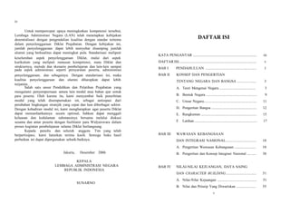 iv
v
keseluruhan aspek penyelenggaraan Diklat, mulai dari aspek
KATA PENGANTAR .................................................................. iii
kurikulum yang meliputi rumusan kompetensi, mata Diklat dan
strukturnya, metode dan skenario pembelajaran dan lain-lain sampai
DAFTAR
BAB I
ISI.................................................................................
PENDAHULUAN .....................................................
v
1
penyelenggaraan, dan sebagainya. Dengan standarisasi ini, maka BAB II KONSEP DAN PENGERTIAN
kualitas penyelenggaraan dan alumni diharapkan dapat lebih
terjamin.
TENTANG NEGARA DAN BANGSA .................... 3
Untuk mempercepat upaya meningkatkan kompetensi tersebut,
Lembaga Administrasi Negara (LAN) telah menetapkan kebijakan
desentralisasi dengan pengendalian kualitas dengan standar tertentu
dalam penyelenggaraan Diklat Prajabatan. Dengan kebijakan ini,
jumlah penyelenggaraan dapat lebih menyebar disamping jumlah
alumni yang berkualitas dapat meningkat pula. Standarisasi meliputi
DAFTAR ISI
pada aspek administrasi seperti persyaratan peserta, administrasi
Salah satu unsur Pendidikan dan Pelatihan Prajabatan yang
mengalami penyempurnaan antara lain modul atau bahan ajar untuk
para peserta. Oleh karena itu, kami menyambut baik penerbitan
modul yang telah disempurnakan ini, sebagai antisipasi dari
perubahan lingkungan stratejik yang cepat dan luas diberbagai sektor.
Dengan kehadiran modul ini, kami mengharapkan agar peserta Diklat
dapat memanfaatkannya secara optimal, bahkan dapat menggali
keluasan dan kedalaman substansinya bersama melalui diskusi
sesama dan antar peserta dengan fasilitator para Widyaiswara dalam
proses kegiatan pembelajaran selama Diklat berlangsung.
Kepada penulis dan seluruh anggota Tim yang telah
berpartisipasi, kami haturkan terima kasih. Semoga buku hasil
perbaikan ini dapat dipergunakan sebaik-baiknya.
Jakarta, Desember 2006
KEPALA
LEMBAGA ADMINISTRASI NEGARA
REPUBLIK INDONESIA
SUNARNO
A. Teori Mengenai Negara ....................................... 3
B. Bentuk Negara ..................................................... 9
C. Unsur Negara....................................................... 11
D. Pengertian Bangsa ............................................... 12
E. Rangkuman .......................................................... 15
F. Latihan ................................................................. 17
BAB III WAWASAN KEBANGSAAN
DAN INTEGRASI NASIONAL................................ 18
A. Pengertian Wawasan Kebangsaan ....................... 18
B. Pengertian dan Konsep Integrasi Nasional .......... 38
BAB IV NILAI-NILAI KEJUANGAN, DAYA SAING
DAN CHARACTER BUILDING................................ 51
A. Nilai-Nilai Kejuangan ......................................... 51
B. Nilai dan Prinsip Yang Diwariskan ..................... 55
 