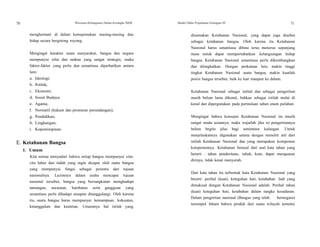 70
70
Wawasan Kebangsaan Dalam Kerangka NKRI Modul Diklat Prajabatan Golongan III 71
menghormati di dalam kemajemukan masing-masing dan
hidup secara bergotong royong.
Mengingat karakter suatu masyarakat, bangsa dan negara
mempunyai nilai dan makna yang sangat strategis, maka
faktor-faktor yang perlu dan senantiasa diperhatikan antara
lain:
a. Ideologi;
b. Politik;
c. Ekonomi;
d. Sosial Budaya;
e. Agama;
f. Normatif (hukum dan peraturan perundangan);
g. Pendidikan;
h. Lingkungan;
i. Kepemimpinan
E. Ketahanan Bangsa
1. Umum
Kita semua menyadari bahwa setiap bangsa mempunyai cita-
cita luhur dan indah yang ingin dicapai oleh suatu bangsa
yang mempunyai fungsi sebagai penentu dari tujuan
nasionalnya. Lazimnya dalam usaha mencapai tujuan
nasional tersebut, bangsa yang bersangkutan menghadapi
tantangan, ancaman, hambatan serta gangguan yang
senantiasa perlu dihadapi ataupun ditanggulangi. Oleh karena
itu, suatu bangsa harus mempunyai kemampuan, kekuatan,
ketangguhan dan keuletan. Umumnya hal inilah yang
dinamakan Ketahanan Nasional, yang dapat juga disebut
sebagai ketahanan bangsa. Oleh karena itu Ketahanan
Nasional harus senantiasa dibina terus menerus sepanjang
masa untuk dapat mempertahankan kelangsungan hidup
bangsa. Ketahanan Nasional senantiasa perlu dikembangkan
dan ditingkatkan. Dengan perkataan lain, makin tinggi
tingkat Ketahanan Nasional suatu bangsa, makin kuatlah
posisi bangsa tersebut, baik ke luar maupun ke dalam.
Ketahanan Nasional sebagai istilah dan sebagai pengertian
masih belum lama dikenal, bahkan sebagai istilah mulai di
kenal dan dipergunakan pada permulaan tahun enam puluhan
Mengingat bahwa konsepsi Ketahanan Nasional itu masih
sangat muda usiannya, maka wajarlah jika isi pengertiannya
belum begitu jelas bagi sementara kalangan. Untuk
menjelaskannya digunakan sarana dengan meneliti arti dari
istilah Ketahanan Nasional dan yang merupakan komponen
komponennya. Ketahanan berasal dari asal kata tahan yang
berarti : tahan penderitaan, tabah, kuat, dapat menguasai
dirinya, tidak kenal menyerah.
Dari kata tahan itu terbentuk kata Ketahanan Nasional yang
berarti: perihal (kuat), keteguhan hati, ketabahan. Jadi yang
dimaksud dengan Ketahanan Nasional adalah: Perihal tahan
(kuat) keteguhan hati, ketabahan dalam rangka kesadaran.
Dalam pengertian nasional (Bangsa yang telah bernegara)
tersimpul faham bahwa produk dari suatu wilayah tertentu
 