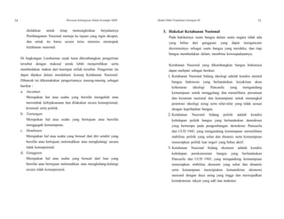 74 Wawasan Kebangsaan Dalam Kerangka NKRI Modul Diklat Prajabatan Golongan III 75
dielakkan untuk tetap memungkinkan berjalannya
Pembangunan Nasional menuju ke tujuan yang ingin dicapai,
dan untuk itu harus secara terus menerus memupuk
ketahanan nasional.
Di lingkungan Lemhannas sejak lama dikembangkan pengertian
tersebut dengan maksud untuk lebih menjernihkan serta
membedakan makna dari keempat istilah tersebut. Pengertian itu
dapat dipakai dalam mendalami konsep Ketahanan Nasional.
Dibawah ini dikemukakan pengertiannya masing-masing sebagai
berikut :
a. Ancaman
Merupakan hal atau usaha yang bersifat mengubah atau
merombak kebijaksanaan dan dilakukan secara konsepsional,
kriminal serta politik.
b. Tantangan
Merupakan hal atau usaha yang bertujuan atau bersifat
menggugah kemampuan.
c. Hambatan
Merupakan hal atau usaha yang berasal dari diri sendiri yang
bersifat atau bertujuan melemahkan atau menghalangi secara
tidak konsepsional.
d. Gangguan
Merupakan hal atau usaha yang berasal dari luar yang
bersifat atau bertujuan melemahkan atau menghalang-halangi
secara tidak konsepsional.
3. Hakekat Ketahanan Nasional
Pada hakikatnya suatu bangsa dalam suatu negara tidak ada
yang bebas dari gangguan yang dapat mengancam
eksistensinya sebagai suatu bangsa yang merdeka, dan tiap
bangsa membedakan dalam, membina kewaspadaannya.
Ketahanan Nasional yang dikembangkan bangsa Indonesia
dapat meliputi sebagai berikut:
1. Ketahanan Nasional bidang ideologi adalah kondisi mental
bangsa Indonesia yang berlandaskan keyakinan akan
kebenaran ideologi Pancasila yang mengandung
kemampuan untuk menggalang dan memelihara persatuan
dan kesatuan nasional dan kemampuan untuk menangkal
penetrasi ideologi asing serta nilai-nilai yang tidak sesuai
dengan kepribadian bangsa.
2. Ketahanan Nasional bidang politik adalah kondisi
kehidupan politik bangsa yang berlandaskan demokrasi
yang bertumpu pada pengembangan demokrasi Pancasila
dan UUD 1945, yang mengandung kemampuan memelihara
stabilitas politik yang sehat dan dinamis serta kemampuan
menerapkan politik luar negeri yang bebas aktif.
3. Ketahanan Nasional bidang ekonomi adalah kondisi
kehidupan perekonomian bangsa yang berlandaskan
Pancasila dan UUD 1945, yang mengandung kemampuan
menerapkan stabilitas ekonomi yang sehat dan dinamis
serta kemampuan menciptakan kemandirian ekonomi
nasional dengan daya saing yang tinggi dan mewujudkan
kemakmuran rakyat yang adil dan makmur.
 