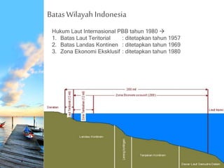 Batas Wilayah Indonesia
Hukum Laut Internasional PBB tahun 1980 
1. Batas Laut Teritorial : ditetapkan tahun 1957
2. Batas Landas Kontinen : ditetapkan tahun 1969
3. Zona Ekonomi Eksklusif : ditetapkan tahun 1980
 