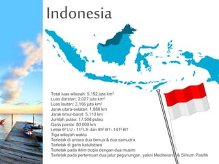 Indonesia
Total luas wilayah: 5,192 juta km2
Luas daratan: 2,027 juta km2
Luas lautan: 3,166 juta km2
Jarak utara-selatan: 1.888 km
Jarak timur-barat: 5.110 km
Jumlah pulau: 17.508 pulau
Garis pantai: 80.000 km
Letak 60 LU - 110 LS dan 950 BT- 1410 BT
Tiga wilayah waktu
Terletak di antara dua benua & dua samudra
Terletak di garis katulistiwa
Terletak pada iklim tropis dengan dua musim
Terletak pada pertemuan dua jalur pegunungan, yakni Mediterania & Sirkum Pasifik
 