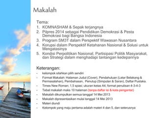 Makalah
Tema:
1. KOMNASHAM & Sepak terjangnya
2. Pilpres 2014 sebagai Pendidikan Demokrasi & Pesta
Demokrasi bagi Bangsa Indonesia
3. Program SM3T dalam Perspektif Wawasan Nusantara
4. Korupsi dalam Perspektif Ketahanan Nasional & Solusi untuk
Mengatasinya
5. Kondisi Perpolitikan Nasional, Partisipasi Politik Masyarakat,
dan Strategi dalam menghadapi tantangan kedepannya
Keterangan:
- kelompok silahkan pilih sendiri
- Format Makalah: Halaman Judul (Cover), Pendahuluan (Latar Belakang &
Permasalahan), Pembahasan, Penutup (Simpulan & Saran), Daftar Pustaka.
- Times New Roman; 1,5 spasi; ukuran ketas A4; format penulisan 4-3-4-3
- Tebal makalah maks 10 halaman (tanpa daftar isi & kata pengantar)
- Makalah dikumpulkan semua tanggal 14 Mei 2013
- Makalah dipresentasikan mulai tanggal 14 Mei 2013
- Materi diundi
- Kelompok yang maju pertama adalah materi 4 dan 5, dan seterusnya
 