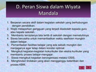 1. Berperan secara aktif dalam kegiatan sekolah yang berhubungan
dengan pendidikan.
2. Wajib melaporkan gangguan yang terjadi disekolah kepada guru
atau kepala sekolah.
3. Membantu terciptanya tata tertib di sekolah dengan mematuhinya.
4. Siswa berusaha untuk memanfaatkan waktu seefisien mungkin
dalam belajar.
5. Pemanfaatan fasilitas belajar yang ada sebaik mungkin dan
menjaganya agar tetap dalam kondisi optimal.
6. Mengikuti kegiatan-kegiatan kokurikuler dan ekstra kurikuler yang
membantu proses belajar-mengajar.
7. Siswa mengikuti kegiatan berorganisasi melalui OSIS.
8. Menghindari tindakan yang akan mengganggu ketertiban dan
proses KBM.
D. Peran Siswa dalam WiyataD. Peran Siswa dalam Wiyata
MandalaMandala
 