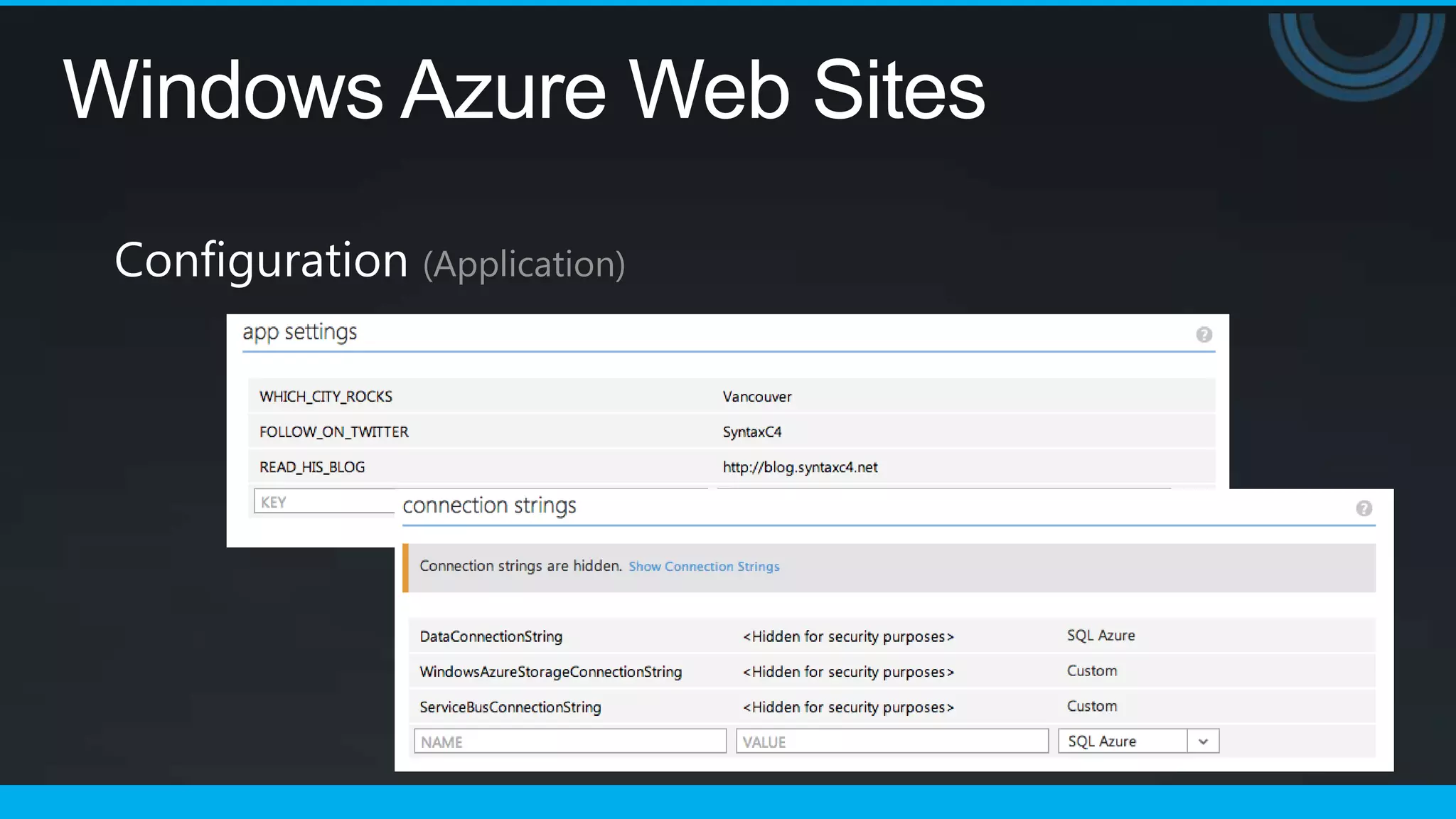 Windows Azure Web Sites
 Configuration (Application)
 