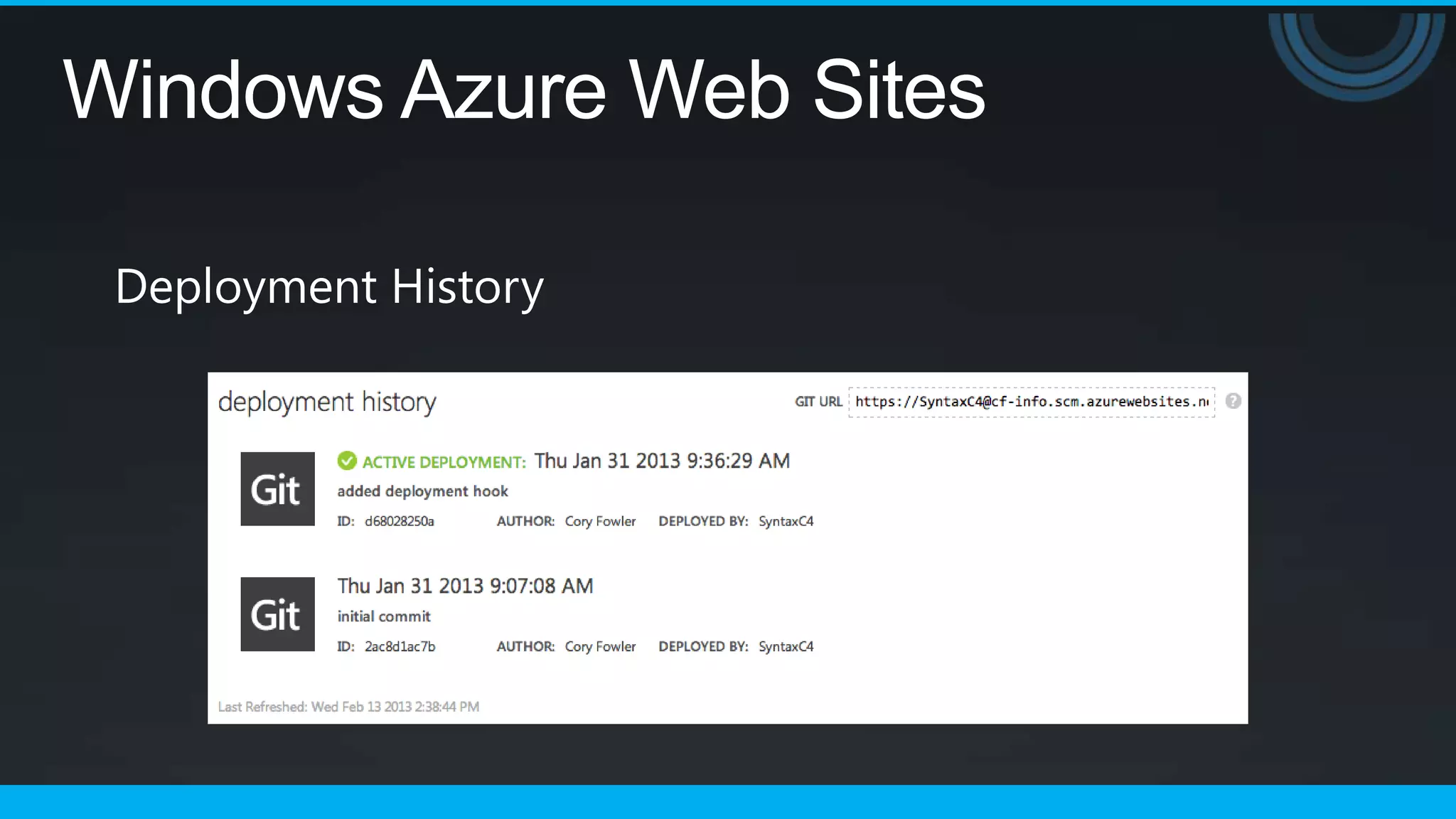 Windows Azure Web Sites

 Deployment History
 