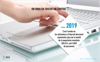 ON VOUS EN TOUCHE UN CHIFFRE …
… 2019
C’est l’année où
les utilisateurs d’internet devraient
représenter plus de la moitié
de la population mondiale
(50,6%), soit 3,82G
de personnes
Source : eMarketer 2017
 