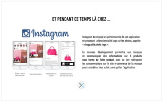 ET PENDANT CE TEMPS LÀ CHEZ …
Instagram développe les performances de son application
en proposant la fonctionnalité tags sur les photos, appelée
« shoppable photo tags ».
Ce nouveau développement permettra aux marques
de communiquer des informations sur 5 produits
sous forme de fiche produit, avec un lien redirigeant
les consommateurs sur le site e-commerce de la marque
pour concrétiser leur achat, sans quitter l’application.
 
