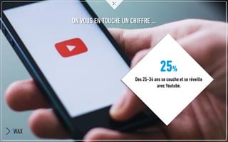 ON VOUS EN TOUCHE UN CHIFFRE …
25%
Des 25-34 ans se couche et se réveille
avec Youtube.
 