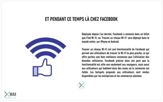 ET PENDANT CE TEMPS LÀ CHEZ FACEBOOK
Déployée depuis l’an dernier, Facebook a annoncé dans un billet
que Find Wi-Fi, ou ‘Trouver un réseau Wi-Fi’ sera déployé dans le
monde entier, sur iPhone et Android.
Trouver un réseau Wi-Fi est une fonctionnalité de Facebook qui
permet aux utilisateurs de trouver le Wi-Fi le plus proche, ce qui
offre parfois une bien meilleure connexion que l’utilisation des
données cellulaires. Facebook précise dans son post que la
fonctionnalité est utile non seulement aux voyageurs, mais aussi
aux utilisateurs qui habitent dans des zones où la connexion est
faible. Les hotspots proposés aux utilisateurs sont rendus
disponibles par les entreprises et les commerces alentour.
 