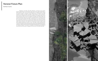 Architecture of (Wet)Land Building 30
Voronoi Future Plan
	 Designing in the Wax Lake Delta demands a nuanced and site specific
building. Utilizing forces on the site [wind, water, land], voronoi cells corresponding to
these conditions create a plan for future development. The different spaces created
can become program, courtyards or future usable space. As programs and usage
change, the building can adjust and adapt to these scenarios. Column placement,
due to forces, corresponds to the size of the courtyards. In this instance, spaces above
water would be smaller and over land bigger. As the Wax Lake Delta changes over
time, the building could as well. For example, currently there are only trees along the
water/land boundary. These would begin to penetrate the flat, long building. Over
time, more trees will develop and need courtyard space to puncture the building.
The mat-building would focus on circulation and isolated views correlating with the
region below. In this sense, the building would be informing and encouraging study
of the varied ecosystems of the delta. The complicated circulation pattern would
follow hallways that lead from space to space. The pattern would choreograph the
movement of people through the building with selected views highlighted by opacity/
transparency. Additionally, the building will highlight dematerialization and weathering
as a method of design. In this sense, it will appear to be floating above the delta on
small steel columns and seem to disappear into the horizon of the Wax Lake Delta.
Kathleen Autilio
 