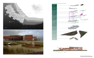 Architecture of (Wet)Land Building 66
D
ADJACENCY
C
OVERLAPPING/LAYERING
1.
MOVING EDGE
2.
GRADIENT EDGE
3.
SOFT EDGE
STABLE EDGE
5.
4.
DENSE EDGE
FIRST FLOOR PLAN
SCALE 1/16”=1’-0”
EXPERIMENTAL FIELD LEARNING
NATURE WALKS AROUND SITE (ON LAND)
BOAT TOURS
EXPERIMENTAL FIELD LEARNING
WET LABORATORY
APPLIED LEARNING
TEACHING LAB
CLASSROOMS
EXHIBIT
AUDITORIUM
LIBRARY
REINFORCED LEARNING
FUTURE DEVELOPMENT OF
NEER’s FACILITY OVER TIME
COLUMNS
PILES
LANDSCAPE
BUILDING MASS
3RD FLOOR PROGRAM
CIRCULATION
FLOOR MASS
3RD FLOOR PROGRAM
CIRCULATION
FLOOR MASS
3RD FLOOR PROGRAM
CIRCULATION
FLOOR MASS
CEDAR WOOD
RAIN SCREENS
WOOD DECKING
OVER FLEXIBLE
SPACES
EXPLODED AXONMETRIC BUILDING SYSTEMS AND ASSEMBLY
 
