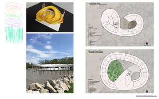 Architecture of (Wet)Land Building 74
ural Components
Walls
Walls
on
Piers
Second Floor Plan
Research and Education
Legend:
1
2
4
3
8
5
6
7
9
10
11
12
1. Cafeteria/Gathering Space
2. Commerical Kitchen
3. Restrooms
4. Outdoor Patio
5. Teaching Lab
6. Classroom
7. Education Dorms
8. Television Lounge
9. Research Dorms
10. Research Lab
11. Offices
12. Green Roof Scale: 1/16”= 1’
N
SEAT
First Floor Plan
Administration and Outreach
Legend:
1
2
4
3
8
5
6
7
9
10
11
12
1. Welcome & Exhibits
2. Auditorium
3. Offices
4. Conference Room
5. Flexible Space
6. Library
7. Outdoor Courtyard/Classroom
8. Classroom
9. Teaching Lab
10. Exhibits
11. Office
12. Aquarium Access
13. Aquarium
14. Lab
15. Locker Room
16. Restrooms Scale: 1/16”= 1’
N
13
14
16
15
 