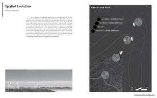 Architecture of (Wet)Land Building 84
Spatial Evolution
	 The program of the proposed research facility can be broken down into four
main parts: research, education, living, and administration. With that in mind, I’m
proposing four buildings, built in stages, on a developing delta lobe of the wax lake
delta. The goal is to construct the research facility over time as new demands arise.
Each building will be located at the tip of the delta lobe: a past, present, and future
location. For example: the first structure to be built will be the research building at
the current tip of the delta lobe. Over time, there may be a need for living quarters
for scientist and researchers, so a dorm would be built on a projected tip of the delta
lobe. As time goes on, public interest will arise about this facility, so educational and
public outreach facilities will be added on another datum point location. Along with
the educational and public building, an administrative building will have to be added
to manage the entire complex, located on a past datum point. As the facility grows
beyond its initial program needs, additional floors can be added to each structure, or
new buildings added to the site at predetermined locations.
Travis Dickerson
0’ 50’ 100’
N
BELOW GRADE PLAN FIRST FLOOR PLAN
MUD ROOM / LOCKER / RESTROOM
DRY LAB
MUD ROOM / LOCKER / RESTROOM
MUD ROOM / LOCKER / STORAGE
WET LAB
 