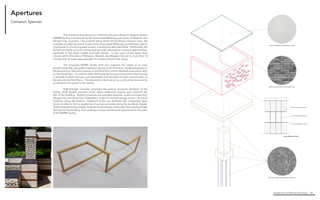 Architecture of (Wet)Land Building 90
Apertures
Cameron Spencer
1’ - 4”
4-wythe double monarch clay brick
2-wythe transparent glass brick
metal channel fastener / support
Typical Wall Section Detail
White Thermoplastic Polyolefin Single-Ply Roof
Multi-Color Double Monarch Brick Exterior Walls
Gray High-Strength Concrete Structural Elements
CONSTRUCTIONS & MATERIALS
scale: 1/2” = 1’-0”
	 This architectural proposal for a National Estuarine Research Reserve System
(NERRS) facility is located along the Intercoastal Waterway, just south of Patterson and
Morgan City, Louisiana. The project’s siting serves the building’s principal users, the
scientists, by offering critical access to the Intercoastal Waterway, and therefore also to
a multitude of connecting water bodies, including the Wax Lake Delta. Additionally, the
facility’s proximity to local communities provides educational outreach opportunities,
especially to the area’s middle and high schools. In fact, each of the upper level
schools within the cities of Patterson, Berwick, and Morgan City are no more than 18
minutes and 10 miles away (average 14 minutes and 6.8 miles away).
	 The proposed NERRS facility itself also supports the needs of its users
programmatically, with public education spaces on the first floor, residential spaces on
the second floor, laboratory spaces on the third floor, and an elevated observation deck
on the fourth floor. Circulation within the building moves primarily (vertically) through
a centrally located staircase, and secondarily (horizontally) through looped paths on
the second and third floors. The observation deck serves as a vertical terminus and as
an attraction for guests to the facility.
	 High-strength concrete comprises the primary structural elements of the
facility, while double monarch bricks afford additional support and compose the
skin of the building. Building materials are provided relatively locally (concrete from
Morgan City and bricks from Lafayette) in order to minimize energy impact. At critical
locations along the exterior, traditional bricks are replaced with transparent glass
bricks in order to form a spattering of various porosities along the building’s façade.
These transparencies provide viewports to the exterior and scatter the natural sunlight
shining into the building, thus creating a unique architectural experience for the users
of the NERRS facility.
 