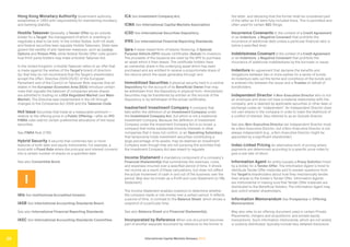 International Capital Markets Glossary 2023
29
Hong Kong Monetary Authority Government authority
established in 1993 with responsibility for maintaining monetary
and banking stability.
Hostile Takeover Generally, a Tender Offer by an outside
bidder for a Target, the management of which is unwilling to
negotiate a deal to be sold. In the United States, both US state
and federal securities laws regulate Hostile Takeovers. State laws
govern the validity of anti-takeover measures, such as Lockup
Options and Poison Pills, while federal Tender Offer rules govern
how third-party bidders may make a Hostile Takeover bid.
In the United Kingdom, a Hostile Takeover refers to an offer that
is made against the wishes of the Target’s board of directors
(so that they do not recommend that the Target’s shareholders
accept the offer). Directive 2004/25/EC of the European
Parliament and of the Council on Takeover Bids requires that all
states in the European Economic Area (EEA) introduce certain
rules that regulate the takeover of companies whose shares
are admitted to trading on a EEA Regulated Market (see Main
Market). The Directive was implemented in the UK through
changes to the Companies Act 2006 and the Takeover Code.
Hot Issue Securities that trade at a measurable premium—
relative to the offering price in a Public Offering—after an IPO.
FINRA rules restrict certain preferential allocations of Hot Issue
securities.
See FINRA Rule 2790.
Hybrid Security A security that combines two or more
features of both debt and equity instruments. For example, a
bond with a Fixed Rate where the principal and interest converts
into a certain number of shares on a specified date.
See also Convertible Bond.
I
IAIs See Institutional Accredited Investor.
IASB See International Accounting Standards Board.
See also International Financial Reporting Standards.
IASC See International Accounting Standards Committee.
ICA See Investment Company Act.
ICMA See International Capital Markets Association.
iCSD See International Securities Depository.
IFRS See International Financial Reporting Standards.
Ijara A lease-based form of Islamic financing. A Special
Purpose Vehicle (SPV) issues certificates (Sukuk) to investors.
The proceeds of the issuance are used by the SPV to purchase
an asset which it then leases. The certificate holders have
an ownership share in the underlying asset which has been
purchased and are entitled to receive a proportionate share of
the returns which the asset generates through rent.
Immobilized Securities A physical security held in a central
Depository for the account of its Beneficial Owner that may
be withdrawn from the Depository in physical form. Immobilized
Securities may be transferred by entries on the records of the
Depository or by withdrawal of the actual certificates.
Inadvertent Investment Company A company that
falls within the definition of an Investment Company under
the Investment Company Act, but which is not a traditional
Investment Company. Because the definition of Investment
Company under the Investment Company Act is so broad, a
company that holds substantial minority interests in other
companies that it does not control, or an Operating Subsidiary
that temporarily holds investment securities constituting a
large percentage of its assets, may be deemed an Investment
Company even though they are not pursuing the activities that
the Investment Company Act was meant to regulate.
Income Statement A mandatory component of a company’s
Financial Statement(s) that summarizes the revenues, costs,
and expenses incurred over a specified period of time. It shows
net income as a result of these calculations, but does not reflect
the actual movement of cash in and out of the business over the
period. May also be known as a Profit and Loss Statement (or P&L
Statement).
The Income Statement enables investors to determine whether
the company made or lost money over a certain period. It reflects
a period of time, in contrast to the Balance Sheet, which shows a
snapshot of a particular time.
See also Balance Sheet and Financial Statement(s).
Incorporated by Reference When one document becomes
part of another separate document by reference to the former in
the latter, and declaring that the former shall be considered part
of the latter as if it were fully included there. This is permitted and
often used for certain SEC filings.
Incurrence Covenants In the context of a Credit Agreement
or an Indenture, a Negative Covenant that prohibits the
incurrence of additional debt unless a particular financial ratio is
below a specified level.
Indebtedness Covenant In the context of a Credit Agreement
or an Indenture, a Negative Covenant that prohibits the
incurrence of additional indebtedness by the borrower or issuer.
Indenture An agreement that declares the benefits and
obligations between two or more parties for a series of bonds.
An Indenture sets out the terms and conditions of the bonds and
is entered into between the issuer and a Trustee on behalf of
bondholders.
Independent Director A Non-Executive Director who is not
an employee and does not have a material relationship with the
company, and is deemed by applicable securities or other laws or
exchange codes as “independent.” An Independent Director does
not own shares in the company in order to lower the likelihood of
a conflict of interest. Also referred to as an Outside Director
See also Non-Executive Director (an Independent Director must
be a Non-Executive Director, but a Non-Executive Director is not
always independent (e.g., a Non-Executive Director might be
appointed by a significant shareholder).
Index-Linked Pricing An alternative form of pricing where
payments are determined according to a specific price index to
give a real rate of return.
Information Agent An entity (usually a Proxy Solicitor) hired
by a bidder for a Tender Offer. The Information Agent is hired to
distribute Tender Offer materials and to answer questions from
the Target’s shareholders about how they mechanically tender
their shares to the bidder’s Tender Offer. Information Agents
are instrumental in making sure that Tender Offer materials are
distributed to the Beneficial Holders. The Information Agent may
also solicit smaller shareholders.
Information Memorandum See Prospectus or Offering
Memorandum.
May also refer to an offering document used in certain Private
Placements, mergers and acquisitions, and private equity
transactions. Such information memoranda, which are not widely
or publicly distributed, typically include less detailed disclosure
 