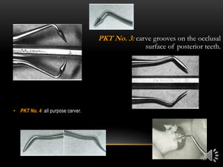 43
• PKT No. 4: all purpose carver.
PKT No. 3: carve grooves on the occlusal
surface of posterior teeth.
 