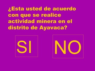 ¿Esta usted de acuerdo con que se realice actividad minera en el distrito de Ayavaca? SI NO 