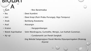 BIODAT
A• Ayah : Resi Baratmadya
• Ibu : Dewi Kumbini
• Istri : Dewi Krepi (Putri Prabu Purungaji, Raja Tempuru)
• Anak : Bambang Aswatama
• Asal : Atasangin
• Kraton : Hargajembangan
• Watek Kapribadian : Sekti Mandraguna, Gumedhe, Wengis, Lan Kathah Guneman.
• Aji-aji : Cundamanik Lan Panah Sangkali.
(Ing Wekdal Salajengipun Panah Menika Dipunparingaken Dhateng
Arjuna)
 