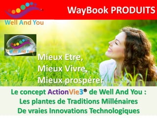 WayBook PRODUITS
Mieux Etre,
Mieux Vivre,
Mieux prospérer
Le concept ActionVie3® de Well And You :
Les plantes de Traditions Millénaires
De vraies Innovations Technologiques
 