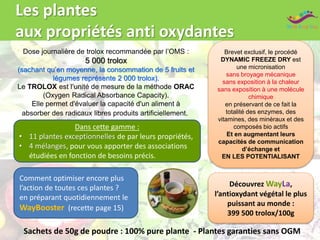 Les plantes
aux propriétés anti oxydantes
Dose journalière de trolox recommandée par l’OMS :
5 000 trolox
(sachant qu’en moyenne, la consommation de 5 fruits et
légumes représente 2 000 trolox).
Le TROLOX est l’unité de mesure de la méthode ORAC
(Oxygen Radical Absorbance Capacity).
Elle permet d'évaluer la capacité d'un aliment à
absorber des radicaux libres produits artificiellement.
Dans cette gamme :
• 11 plantes exceptionnelles de par leurs propriétés,
• 4 mélanges, pour vous apporter des associations
étudiées en fonction de besoins précis.
Sachets de 50g de poudre : 100% pure plante - Plantes garanties sans OGM
Comment optimiser encore plus
l’action de toutes ces plantes ?
en préparant quotidiennement le
WayBooster (recette page 15)
Découvrez WayLa,
l’antioxydant végétal le plus
puissant au monde :
399 500 trolox/100g
Brevet exclusif, le procédé
DYNAMIC FREEZE DRY est
une micronisation
sans broyage mécanique
sans exposition à la chaleur
sans exposition à une molécule
chimique
en préservant de ce fait la
totalité des enzymes, des
vitamines, des minéraux et des
composés bio actifs
Et en augmentant leurs
capacités de communication
d’échange et
EN LES POTENTIALISANT
 