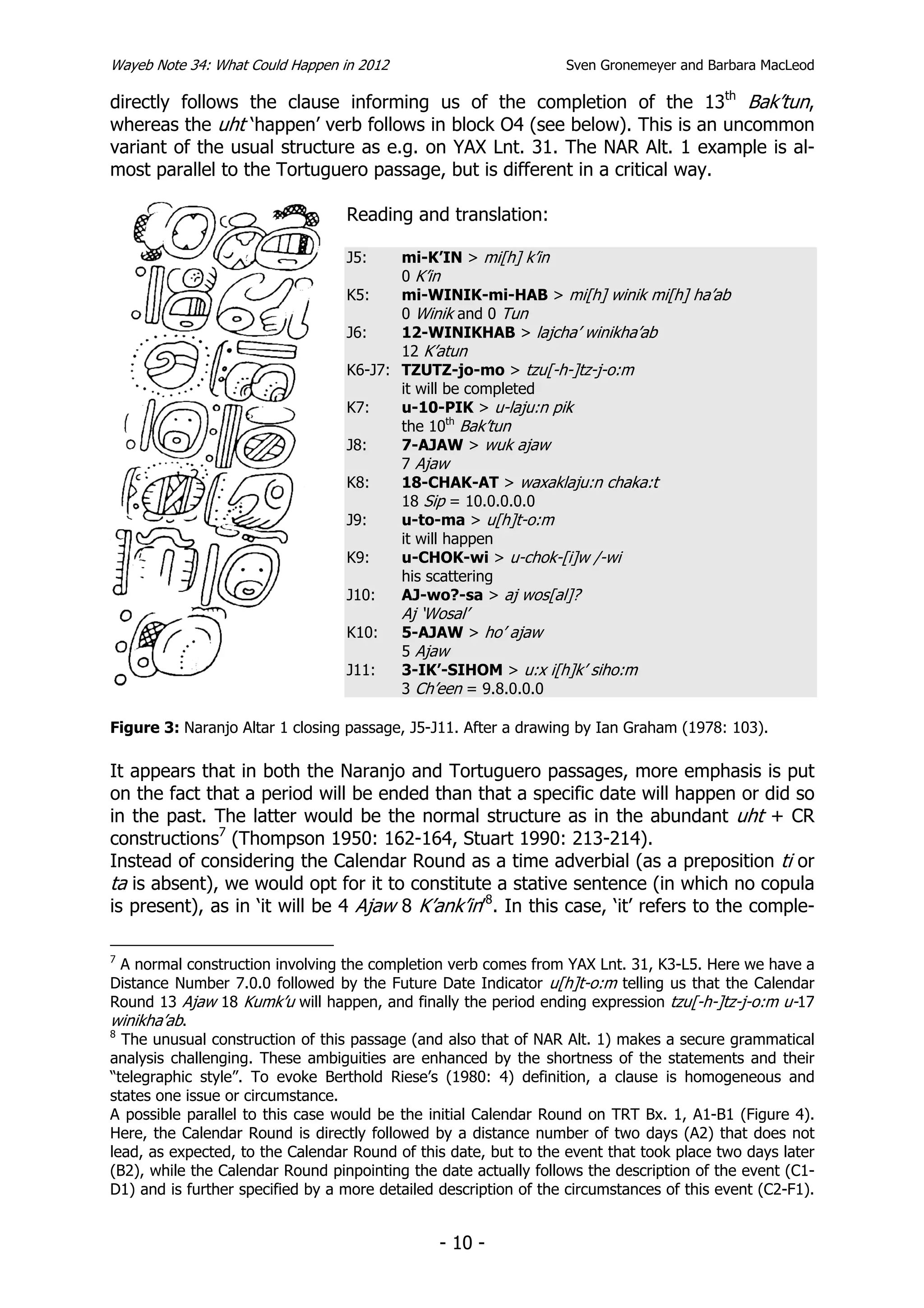 Wayeb Note 34: What Could Happen in 2012                          Sven Gronemeyer and Barbara MacLeod

directly follows the clause informing us of the completion of the 13th Bak’tun,
whereas the uht ‘happen’ verb follows in block O4 (see below). This is an uncommon
variant of the usual structure as e.g. on YAX Lnt. 31. The NAR Alt. 1 example is al-
most parallel to the Tortuguero passage, but is different in a critical way.

                                  Reading and translation:

                                  J5:    mi-K’IN > mi[h] k’in
                                         0 K’in
                                  K5:    mi-WINIK-mi-HAB > mi[h] winik mi[h] ha’ab
                                         0 Winik and 0 Tun
                                  J6:    12-WINIKHAB > lajcha’ winikha’ab
                                         12 K’atun
                                  K6-J7: TZUTZ-jo-mo > tzu[-h-]tz-j-o:m
                                         it will be completed
                                  K7:    u-10-PIK > u-laju:n pik
                                         the 10th Bak’tun
                                  J8:    7-AJAW > wuk ajaw
                                         7 Ajaw
                                  K8:    18-CHAK-AT > waxaklaju:n chaka:t
                                         18 Sip = 10.0.0.0.0
                                  J9:    u-to-ma > u[h]t-o:m
                                         it will happen
                                  K9:    u-CHOK-wi > u-chok-[i]w /-wi
                                         his scattering
                                  J10:   AJ-wo?-sa > aj wos[al]?
                                           Aj ‘Wosal’
                                  K10:     5-AJAW > ho’ ajaw
                                           5 Ajaw
                                  J11:     3-IK’-SIHOM > u:x i[h]k’ siho:m
                                           3 Ch’een = 9.8.0.0.0

Figure 3: Naranjo Altar 1 closing passage, J5-J11. After a drawing by Ian Graham (1978: 103).

It appears that in both the Naranjo and Tortuguero passages, more emphasis is put
on the fact that a period will be ended than that a specific date will happen or did so
in the past. The latter would be the normal structure as in the abundant uht + CR
constructions7 (Thompson 1950: 162-164, Stuart 1990: 213-214).
Instead of considering the Calendar Round as a time adverbial (as a preposition ti or
ta is absent), we would opt for it to constitute a stative sentence (in which no copula
is present), as in ‘it will be 4 Ajaw 8 K’ank’in’8. In this case, ‘it’ refers to the comple-

7
  A normal construction involving the completion verb comes from YAX Lnt. 31, K3-L5. Here we have a
Distance Number 7.0.0 followed by the Future Date Indicator u[h]t-o:m telling us that the Calendar
Round 13 Ajaw 18 Kumk’u will happen, and finally the period ending expression tzu[-h-]tz-j-o:m u-17
winikha’ab.
8
  The unusual construction of this passage (and also that of NAR Alt. 1) makes a secure grammatical
analysis challenging. These ambiguities are enhanced by the shortness of the statements and their
“telegraphic style”. To evoke Berthold Riese’s (1980: 4) definition, a clause is homogeneous and
states one issue or circumstance.
A possible parallel to this case would be the initial Calendar Round on TRT Bx. 1, A1-B1 (Figure 4).
Here, the Calendar Round is directly followed by a distance number of two days (A2) that does not
lead, as expected, to the Calendar Round of this date, but to the event that took place two days later
(B2), while the Calendar Round pinpointing the date actually follows the description of the event (C1-
D1) and is further specified by a more detailed description of the circumstances of this event (C2-F1).


                                                - 10 -
 
