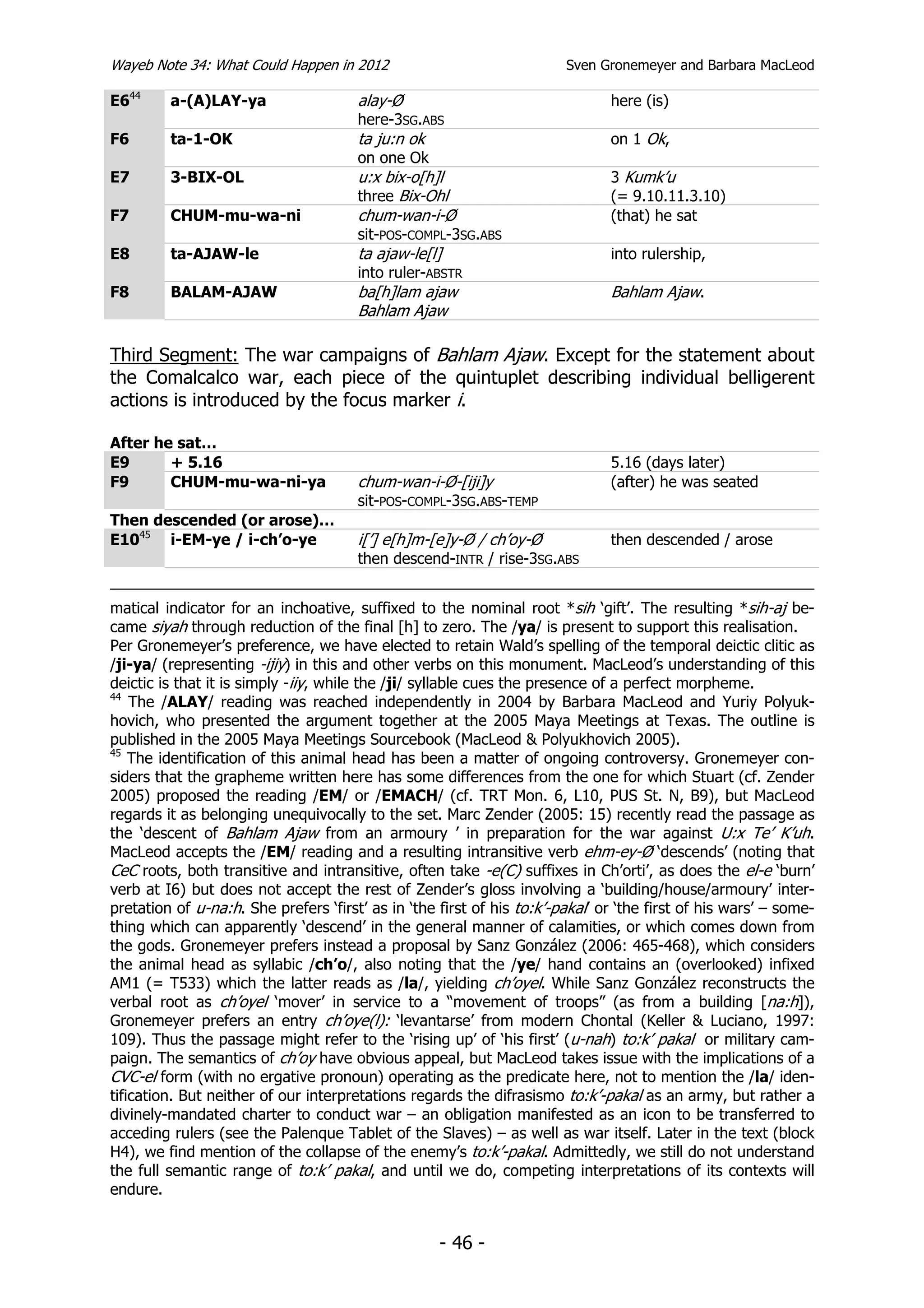 Wayeb Note 34: What Could Happen in 2012                                Sven Gronemeyer and Barbara MacLeod

E644     a-(A)LAY-ya                   alay-Ø                                  here (is)
                                       here-3SG.ABS
F6       ta-1-OK                       ta ju:n ok                              on 1 Ok,
                                       on one Ok
E7       3-BIX-OL                      u:x bix-o[h]l                           3 Kumk’u
                                       three Bix-Ohl                           (= 9.10.11.3.10)
F7       CHUM-mu-wa-ni                 chum-wan-i-Ø                            (that) he sat
                                       sit-POS-COMPL-3SG.ABS
E8       ta-AJAW-le                    ta ajaw-le[l]                           into rulership,
                                       into ruler-ABSTR
F8       BALAM-AJAW                    ba[h]lam ajaw                           Bahlam Ajaw.
                                       Bahlam Ajaw

Third Segment: The war campaigns of Bahlam Ajaw. Except for the statement about
the Comalcalco war, each piece of the quintuplet describing individual belligerent
actions is introduced by the focus marker i.

After he sat…
E9      + 5.16                                                                 5.16 (days later)
F9      CHUM-mu-wa-ni-ya               chum-wan-i-Ø-[iji]y                     (after) he was seated
                                       sit-POS-COMPL-3SG.ABS-TEMP
Then descended (or arose)…
E1045 i-EM-ye / i-ch’o-ye              i[’] e[h]m-[e]y-Ø / ch’oy-Ø             then descended / arose
                                       then descend-INTR / rise-3SG.ABS


matical indicator for an inchoative, suffixed to the nominal root *sih ‘gift’. The resulting *sih-aj be-
came siyah through reduction of the final [h] to zero. The /ya/ is present to support this realisation.
Per Gronemeyer’s preference, we have elected to retain Wald’s spelling of the temporal deictic clitic as
/ji-ya/ (representing -ijiy) in this and other verbs on this monument. MacLeod’s understanding of this
deictic is that it is simply -iiy, while the /ji/ syllable cues the presence of a perfect morpheme.
44
    The /ALAY/ reading was reached independently in 2004 by Barbara MacLeod and Yuriy Polyuk-
hovich, who presented the argument together at the 2005 Maya Meetings at Texas. The outline is
published in the 2005 Maya Meetings Sourcebook (MacLeod & Polyukhovich 2005).
45
    The identification of this animal head has been a matter of ongoing controversy. Gronemeyer con-
siders that the grapheme written here has some differences from the one for which Stuart (cf. Zender
2005) proposed the reading /EM/ or /EMACH/ (cf. TRT Mon. 6, L10, PUS St. N, B9), but MacLeod
regards it as belonging unequivocally to the set. Marc Zender (2005: 15) recently read the passage as
the ‘descent of Bahlam Ajaw from an armoury ’ in preparation for the war against U:x Te’ K’uh.
MacLeod accepts the /EM/ reading and a resulting intransitive verb ehm-ey-Ø ‘descends’ (noting that
CeC roots, both transitive and intransitive, often take -e(C) suffixes in Ch’orti’, as does the el-e ‘burn’
verb at I6) but does not accept the rest of Zender’s gloss involving a ‘building/house/armoury’ inter-
pretation of u-na:h. She prefers ‘first’ as in ‘the first of his to:k’-pakal’ or ‘the first of his wars’ – some-
thing which can apparently ‘descend’ in the general manner of calamities, or which comes down from
the gods. Gronemeyer prefers instead a proposal by Sanz González (2006: 465-468), which considers
the animal head as syllabic /ch’o/, also noting that the /ye/ hand contains an (overlooked) infixed
AM1 (= T533) which the latter reads as /la/, yielding ch’oyel. While Sanz González reconstructs the
verbal root as ch’oyel ‘mover’ in service to a “movement of troops” (as from a building [na:h]),
Gronemeyer prefers an entry ch’oye(l): ‘levantarse’ from modern Chontal (Keller & Luciano, 1997:
109). Thus the passage might refer to the ‘rising up’ of ‘his first’ (u-nah) to:k’ pakal or military cam-
paign. The semantics of ch’oy have obvious appeal, but MacLeod takes issue with the implications of a
CVC-el form (with no ergative pronoun) operating as the predicate here, not to mention the /la/ iden-
tification. But neither of our interpretations regards the difrasismo to:k’-pakal as an army, but rather a
divinely-mandated charter to conduct war – an obligation manifested as an icon to be transferred to
acceding rulers (see the Palenque Tablet of the Slaves) – as well as war itself. Later in the text (block
H4), we find mention of the collapse of the enemy’s to:k’-pakal. Admittedly, we still do not understand
the full semantic range of to:k’ pakal, and until we do, competing interpretations of its contexts will
endure.


                                                    - 46 -
 