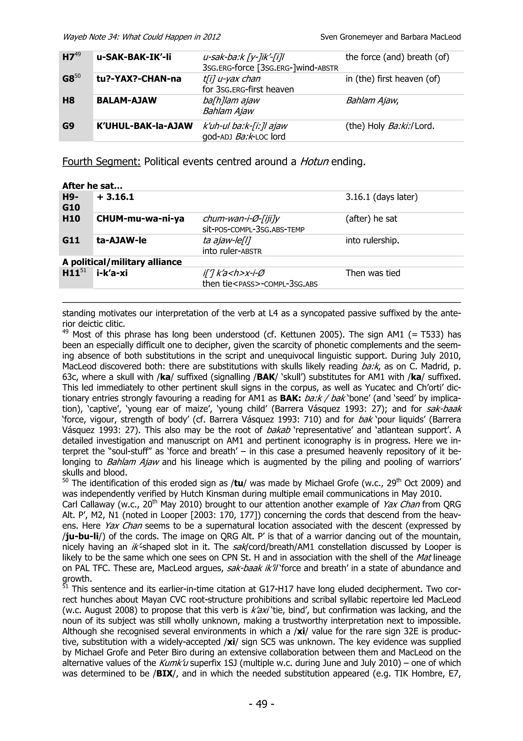 Wayeb Note 34: What Could Happen in 2012                           Sven Gronemeyer and Barbara MacLeod

H749    u-SAK-BAK-IK’-li            u-sak-ba:k [y-]ik’-[i]l              the force (and) breath (of)
                                    3SG.ERG-force [3SG.ERG-]wind-ABSTR
G850    tu?-YAX?-CHAN-na            t[i] u-yax chan                      in (the) first heaven (of)
                                    for 3SG.ERG-first heaven
H8      BALAM-AJAW                  ba[h]lam ajaw                        Bahlam Ajaw,
                                    Bahlam Ajaw
G9      K’UHUL-BAK-la-AJAW          k'uh-ul ba:k-[i:]l ajaw              (the) Holy Ba:ki:l Lord.
                                    god-ADJ Ba:k-LOC lord

Fourth Segment: Political events centred around a Hotun ending.

After he sat…
H9-     + 3.16.1                                                         3.16.1 (days later)
G10
H10     CHUM-mu-wa-ni-ya            chum-wan-i-Ø-[iji]y                  (after) he sat
                                    sit-POS-COMPL-3SG.ABS-TEMP
G11     ta-AJAW-le                  ta ajaw-le[l]                        into rulership.
                                    into ruler-ABSTR
A political/military alliance
H1151 i-k’a-xi                      i[’] k’a<h>x-i-Ø                     Then was tied
                                    then tie<PASS>-COMPL-3SG.ABS


standing motivates our interpretation of the verb at L4 as a syncopated passive suffixed by the ante-
rior deictic clitic.
49
   Most of this phrase has long been understood (cf. Kettunen 2005). The sign AM1 (= T533) has
been an especially difficult one to decipher, given the scarcity of phonetic complements and the seem-
ing absence of both substitutions in the script and unequivocal linguistic support. During July 2010,
MacLeod discovered both: there are substitutions with skulls likely reading ba:k, as on C. Madrid, p.
63c, where a skull with /ka/ suffixed (signalling /BAK/ ‘skull’) substitutes for AM1 with /ka/ suffixed.
This led immediately to other pertinent skull signs in the corpus, as well as Yucatec and Ch’orti’ dic-
tionary entries strongly favouring a reading for AM1 as BAK: ba:k / bak ‘bone’ (and ‘seed’ by implica-
tion), ‘captive’, ‘young ear of maize’, ‘young child’ (Barrera Vásquez 1993: 27); and for sak-baak
‘force, vigour, strength of body’ (cf. Barrera Vásquez 1993: 710) and for bak ‘pour liquids’ (Barrera
Vásquez 1993: 27). This also may be the root of bakab ‘representative’ and ‘atlantean support’. A
detailed investigation and manuscript on AM1 and pertinent iconography is in progress. Here we in-
terpret the “soul-stuff” as ‘force and breath’ – in this case a presumed heavenly repository of it be-
longing to Bahlam Ajaw and his lineage which is augmented by the piling and pooling of warriors’
skulls and blood.
50
   The identification of this eroded sign as /tu/ was made by Michael Grofe (w.c., 29th Oct 2009) and
was independently verified by Hutch Kinsman during multiple email communications in May 2010.
Carl Callaway (w.c., 20th May 2010) brought to our attention another example of Yax Chan from QRG
Alt. P’, M2, N1 (noted in Looper [2003: 170, 177]) concerning the cords that descend from the heav-
ens. Here Yax Chan seems to be a supernatural location associated with the descent (expressed by
/ju-bu-li/) of the cords. The image on QRG Alt. P’ is that of a warrior dancing out of the mountain,
nicely having an ik’-shaped slot in it. The sak/cord/breath/AM1 constellation discussed by Looper is
likely to be the same which one sees on CPN St. H and in association with the shell of the Mat lineage
on PAL TFC. These are, MacLeod argues, sak-baak ik’il ‘force and breath’ in a state of abundance and
growth.
51
   This sentence and its earlier-in-time citation at G17-H17 have long eluded decipherment. Two cor-
rect hunches about Mayan CVC root-structure prohibitions and scribal syllabic repertoire led MacLeod
(w.c. August 2008) to propose that this verb is k’axi ‘tie, bind’, but confirmation was lacking, and the
noun of its subject was still wholly unknown, making a trustworthy interpretation next to impossible.
Although she recognised several environments in which a /xi/ value for the rare sign 32E is produc-
tive, substitution with a widely-accepted /xi/ sign SC5 was unknown. The key evidence was supplied
by Michael Grofe and Peter Biro during an extensive collaboration between them and MacLeod on the
alternative values of the Kumk’u superfix 1SJ (multiple w.c. during June and July 2010) – one of which
was determined to be /BIX/, and in which the needed substitution appeared (e.g. TIK Hombre, E7,


                                                 - 49 -
 
