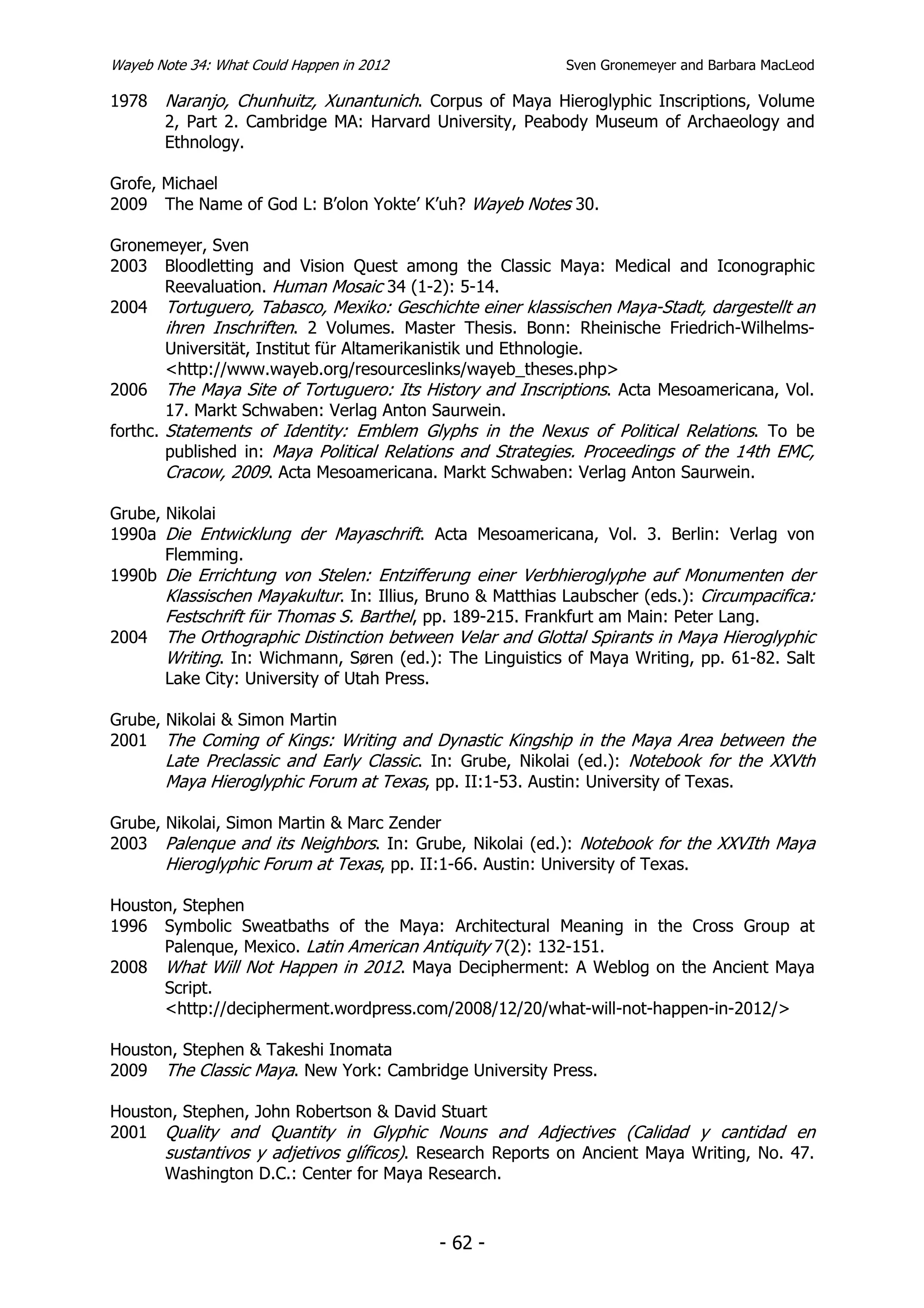 Wayeb Note 34: What Could Happen in 2012                    Sven Gronemeyer and Barbara MacLeod

1978   Naranjo, Chunhuitz, Xunantunich. Corpus of Maya Hieroglyphic Inscriptions, Volume
       2, Part 2. Cambridge MA: Harvard University, Peabody Museum of Archaeology and
       Ethnology.

Grofe, Michael
2009 The Name of God L: B’olon Yokte’ K’uh? Wayeb Notes 30.

Gronemeyer, Sven
2003 Bloodletting and Vision Quest among the Classic Maya: Medical and Iconographic
        Reevaluation. Human Mosaic 34 (1-2): 5-14.
2004 Tortuguero, Tabasco, Mexiko: Geschichte einer klassischen Maya-Stadt, dargestellt an
        ihren Inschriften. 2 Volumes. Master Thesis. Bonn: Rheinische Friedrich-Wilhelms-
        Universität, Institut für Altamerikanistik und Ethnologie.
        <http://www.wayeb.org/resourceslinks/wayeb_theses.php>
2006 The Maya Site of Tortuguero: Its History and Inscriptions. Acta Mesoamericana, Vol.
        17. Markt Schwaben: Verlag Anton Saurwein.
forthc. Statements of Identity: Emblem Glyphs in the Nexus of Political Relations. To be
        published in: Maya Political Relations and Strategies. Proceedings of the 14th EMC,
        Cracow, 2009. Acta Mesoamericana. Markt Schwaben: Verlag Anton Saurwein.

Grube, Nikolai
1990a Die Entwicklung der Mayaschrift. Acta Mesoamericana, Vol. 3. Berlin: Verlag von
       Flemming.
1990b Die Errichtung von Stelen: Entzifferung einer Verbhieroglyphe auf Monumenten der
       Klassischen Mayakultur. In: Illius, Bruno & Matthias Laubscher (eds.): Circumpacifica:
       Festschrift für Thomas S. Barthel, pp. 189-215. Frankfurt am Main: Peter Lang.
2004 The Orthographic Distinction between Velar and Glottal Spirants in Maya Hieroglyphic
       Writing. In: Wichmann, Søren (ed.): The Linguistics of Maya Writing, pp. 61-82. Salt
       Lake City: University of Utah Press.

Grube, Nikolai & Simon Martin
2001 The Coming of Kings: Writing and Dynastic Kingship in the Maya Area between the
       Late Preclassic and Early Classic. In: Grube, Nikolai (ed.): Notebook for the XXVth
       Maya Hieroglyphic Forum at Texas, pp. II:1-53. Austin: University of Texas.

Grube, Nikolai, Simon Martin & Marc Zender
2003 Palenque and its Neighbors. In: Grube, Nikolai (ed.): Notebook for the XXVIth Maya
       Hieroglyphic Forum at Texas, pp. II:1-66. Austin: University of Texas.

Houston, Stephen
1996 Symbolic Sweatbaths of the Maya: Architectural Meaning in the Cross Group at
      Palenque, Mexico. Latin American Antiquity 7(2): 132-151.
2008 What Will Not Happen in 2012. Maya Decipherment: A Weblog on the Ancient Maya
      Script.
      <http://decipherment.wordpress.com/2008/12/20/what-will-not-happen-in-2012/>

Houston, Stephen & Takeshi Inomata
2009 The Classic Maya. New York: Cambridge University Press.

Houston, Stephen, John Robertson & David Stuart
2001 Quality and Quantity in Glyphic Nouns and Adjectives (Calidad y cantidad en
      sustantivos y adjetivos glíficos). Research Reports on Ancient Maya Writing, No. 47.
      Washington D.C.: Center for Maya Research.



                                           - 62 -
 