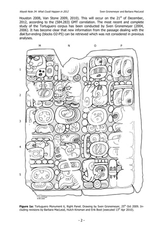 Wayeb Note 34: What Could Happen in 2012                    Sven Gronemeyer and Barbara MacLeod

Houston 2008, Van Stone 2009, 2010). This will occur on the 21st of December,
2012, according to the (584.283) GMT correlation. The most recent and complete
study of the Tortuguero corpus has been conducted by Sven Gronemeyer (2004,
2006). It has become clear that new information from the passage dealing with the
Bak’tun ending (blocks O2-P5) can be retrieved which was not considered in previous
analyses.

               M                       N               O                    P




1




2




3




4




5




Figure 1a: Tortuguero Monument 6, Right Panel. Drawing by Sven Gronemeyer, 25th Oct 2009. In-
cluding revisions by Barbara MacLeod, Hutch Kinsman and Erik Boot (executed 13th Apr 2010).


                                            -2-
 