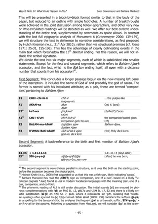 Wayeb Note 34: What Could Happen in 2012                           Sven Gronemeyer and Barbara MacLeod

This will be presented in a block-by-block format similar to that in the body of the
paper, but reduced to an outline with ample footnotes. A number of breakthroughs
were achieved in the joint discussion among fellow epigraphers, and other very new
or little-circulated readings will be debuted as well. We offer our best current under-
standing of the entire text, supplemented by comments as space allows. In contrast
with the last full epigraphic analysis of Monument 6 (Gronemeyer 2006: 139-159),
we will structure the text in deference to narrative considerations, as first proposed
by Hutch Kinsman (w.c., 21st Apr 2010), rather than via structural premises (cf. Riese
1971: 25-31, 155-196). This has the advantage of clearly delineating events in the
main text which foreshadow the 13th Bak’tun ending. For this reason, we will not in-
clude the scribal signature.
We divide the text into six major segments, each of which is subdivided into smaller
statements. Except for the first and second segments, which refers to Bahlam Ajaw’s
accession, and the last, which is the Bak’tun ending itself, all open with a distance
number that counts from his accession40.

First Segment: This concludes a longer passage begun on the now-missing left panel
of the inscription. It includes the name of God A’ and probably the god of cacao. The
former is named with his intoxicant attribute; as a pair, these are termed ‘compan-
ions’ pertaining to Bahlam Ajaw.

E1       CHIH-chi-hi-li             chih-il                               … the pulque-like
                                    maguey-ADJ
F1       AKAN-na                    akan                                  God A’ (and)
                                    Akan
E241     ka?-wa                     [ka]kaw?                              (deified?) Cacao
                                    cacao
F242     CHIT-K’UH                  chi:t-k’uh-Ø                          the companion/paired gods
                                    companion-god-3SG.ABS                 (of)
E3       BALAM-ma-AJAW              ba[h]lam ajaw                         Bahlam Ajaw,
                                    Bahlam Ajaw
F3       K’UHUL-BAK-AJAW            k'uh-ul ba:k ajaw                     (the) Holy Ba:k Lord.
                                    god-ADJ Ba:k lord

Second Segment: A back-reference to the birth and first mention of Bahlam Ajaw’s
accession.

E4-E5 + 1.11.11.14                                                        1.11.11.14 (days later)
F543  SIH-ja-ya-ji                  si[h]y-aj-Ø-[i]jiy                    (after) he was born,
                                    gift-INCH-3SG.ABS-TEMP

40
   The second segment is nevertheless parallel in structure, as it uses the birth as the starting point,
before the accession becomes the pivotal point.
41
   Michael Grofe (w.c., 2008) first suggested to us that this was a fish sign, likely indicating ‘cacao’.
42
   Barbara MacLeod has read the /CHIT/ sign as ‘companion, one of a pair’, based on a likely Yu-
catecan cognate *keet, found as ket in modern Yucatecan languages with the meaning ‘pair, one of a
pair, companion, and co-VERB’.
43
   The phonemic reading of AL8 is still under discussion. The initial sounds [si] are ensured by pho-
netic complementations with /si/ on PNG St. 12, pB17a and UXM St. 17, E2 and there is a likely syl-
labic substitution /si-ji/ on YAX St. 7, pD8, where it represents sih 'gift', recalling that Yaxchi-
lan spellings often ignored the [x] / [h] contrast. While Wald (2000: 130) considers the suffixes /ji-ya/
as a spelling for the temporal clitic, he analyses the frequent /ja/ as a thematic suffix: /SIY-ya-ja/ >
si<h>y-aj for the passive. Following a suggestion from MacLeod, we will consider /ja/ as the gram-


                                                   - 45 -
 