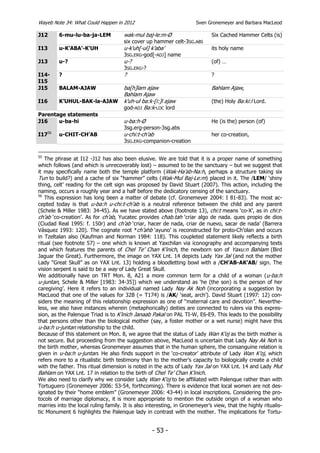 Wayeb Note 34: What Could Happen in 2012                              Sven Gronemeyer and Barbara MacLeod

J12      6-mu-lu-ba-ja-LEM            wak-mul baj-le:m-Ø                     Six Cached Hammer Celts (is)
                                      six cover up hammer celt-3SG.ABS
I13      u-K’ABA’-K’UH                u-k’uh[-ul] k’aba’                     its holy name
                                      3SG.ERG-god[-ADJ] name
J13      u-?                          u-?                                    (of) …
                                      3SG.ERG-?
I14-     ?                            ?                                      ?
I15
J15      BALAM-AJAW                   ba[h]lam ajaw                          Bahlam Ajaw,
                                      Bahlam Ajaw
I16      K’UHUL-BAK-la-AJAW           k'uh-ul ba:k-[i:]l ajaw                (the) Holy Ba:ki:l Lord.
                                      god-ADJ Ba:k-LOC lord
Parentage statements
J16    u-ba-hi                        u-ba:h-Ø                               He (is the) person (of)
                                      3sg.erg-person-3sg.abs
I1756    u-CHIT-CH’AB                 u-chi:t-ch’ab                          her co-creation,
                                      3SG.ERG-companion-creation

55
   The phrase at I12 -J12 has also been elusive. We are told that it is a proper name of something
which follows (and which is unrecoverably lost) – assumed to be the sanctuary – but we suggest that
it may specifically name both the temple platform (Wak-Ha’ab-Na:h, perhaps a structure taking six
Tun to build?) and a cache of six “hammer” celts (Wak-Mul Baj-Le:m) placed in it. The /LEM/ ‘shiny
thing, celt’ reading for the celt sign was proposed by David Stuart (2007). This action, including the
naming, occurs a roughly year and a half before the dedicatory censing of the sanctuary.
56
   This expression has long been a matter of debate (cf. Gronemeyer 2004: I 81-83). The most ac-
cepted today is that u-ba:h u-chi:t-ch’ab is a neutral reference between the child and any parent
(Schele & Miller 1983: 34-45). As we have stated above (footnote 13), chi:t means ‘co-X’, as in chi:t-
ch’ab ‘co-creation’. As for ch’ab, Yucatec provides cħab.tah ‘criar algo de nada. ques propio de dios
(Ciudad Real 1995: f. 150r) and ch’ab ‘criar, hacer de nada, criar de nuevo, sacar de nada’ (Barrera
Vásquez 1993: 120). The cognate root *ch’ahb ‘ayuno’ is reconstructed for proto-Ch’olan and occurs
in Tzeltalan also (Kaufman and Norman 1984: 118). This coupleted statement likely reflects a birth
ritual (see footnote 57) – one which is known at Yaxchilan via iconography and accompanying texts
and which features the parents of Chel Te’ Chan K’inich, the newborn son of Yaxu:n Bahlam (Bird
Jaguar the Great). Furthermore, the image on YAX Lnt. 14 depicts Lady Yax Jal (and not the mother
Lady “Great Skull” as on YAX Lnt. 13) holding a bloodletting bowl with a /CH’AB-AK’AB/ sign. The
vision serpent is said to be a way of Lady Great Skull.
We additionally have on TRT Mon. 8, A21 a more common term for a child of a woman (u-ba:h
u-juntan, Schele & Miller [1983: 34-35]) which we understand as ‘he (the son) is the person of her
caregiving’. Here it refers to an individual named Lady Nay Ak Noh (incorporating a suggestion by
MacLeod that one of the values for 32B (= T174) is /AK/ ‘seat, arch’). David Stuart (1997: 12) con-
siders the meaning of this relationship expression as one of “maternal care and devotion”. Neverthe-
less, we also have instances wherein (metaphorically) deities are connected to rulers via this expres-
sion, as the Palenque Triad is to K’inich Janaab Pakal on PAL TI-W, E6-E9. This leads to the possibility
that persons other than the biological mother (say, a foster mother or a wet nurse) might have this
u-ba:h u-juntan relationship to the child.
Because of this statement on Mon. 8, we agree that the status of Lady Wan K’oj as the birth mother is
not secure. But proceeding from the suggestion above, MacLeod is uncertain that Lady Nay Ak Noh is
the birth mother, whereas Gronemeyer assumes that in the human sphere, the consanguine relation is
given in u-ba:h u-juntan. He also finds support in the ‘co-creator’ attribute of Lady Wan K’oj, which
refers more to a ritualistic birth testimony than to the mother’s capacity to biologically create a child
with the father. This ritual dimension is noted in the acts of Lady Yax Jal on YAX Lnt. 14 and Lady Mut
Bahlam on YAX Lnt. 17 in relation to the birth of Chel Te’ Chan K’inich.
We also need to clarify why we consider Lady Wan K’oj to be affiliated with Palenque rather than with
Tortuguero (Gronemeyer 2006: 53-54, forthcoming). There is evidence that local women are not des-
ignated by their “home emblem” (Gronemeyer 2006: 43-44) in local inscriptions. Considering the pro-
tocols of marriage diplomacy, it is more appropriate to mention the outside origin of a woman who
marries into the local ruling family. It is also interesting, in Gronemeyer’s view, that the highly ritualis-
tic Monument 6 highlights the Palenque lady in contrast with the mother. The implications for Tortu-


                                                  - 53 -
 