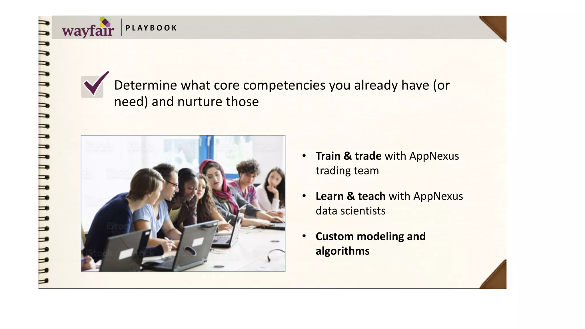 P L AY B O O K
Determine	what	core	competencies	you	already	have	(or	
need)	and	nurture	those
• Train	&	trade	with	AppNexus	
trading	team	
• Learn	&	teach	with	AppNexus	
data	scientists	
• Custom	modeling	and	
algorithms
 